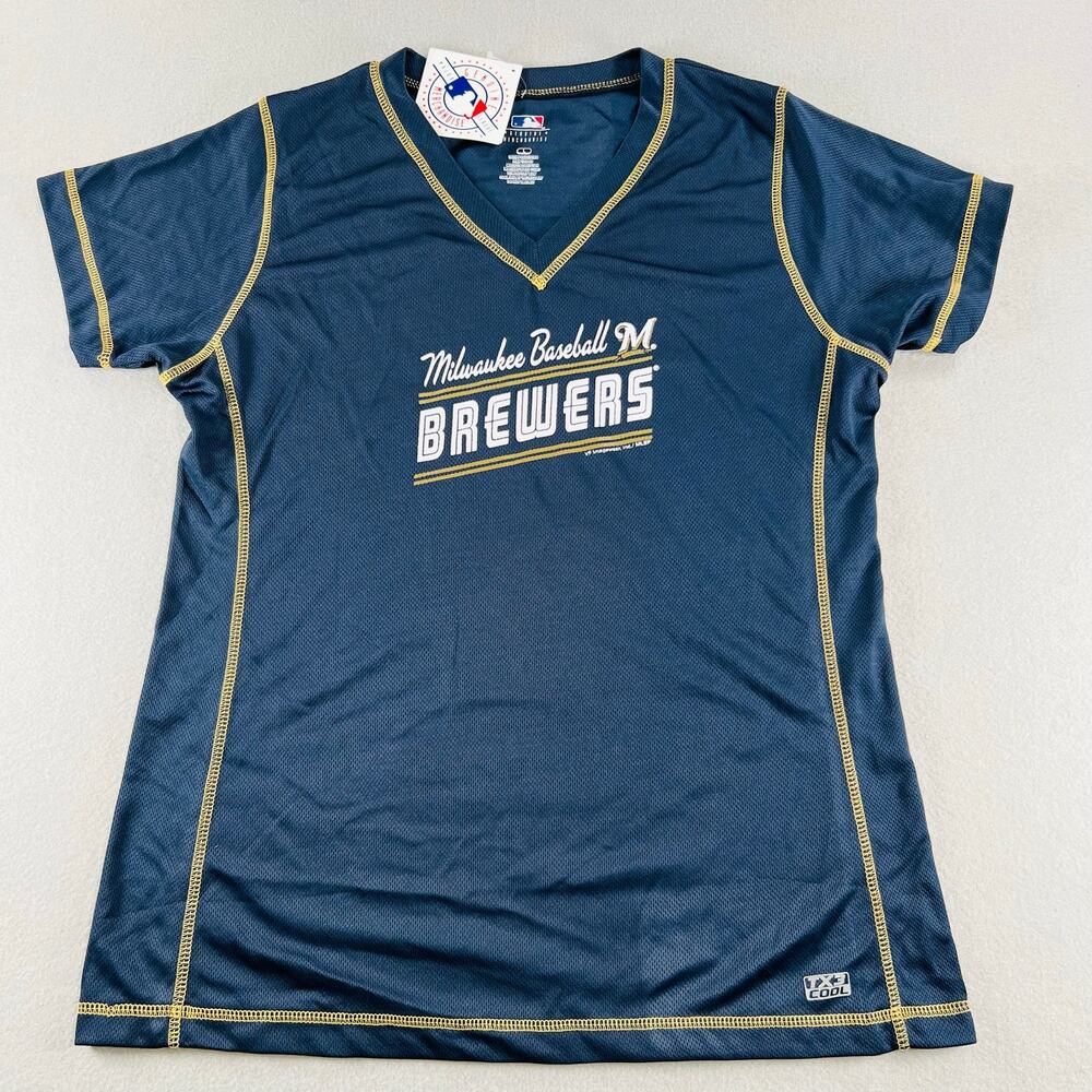 MLB Genuine Merchandise Milwaukee Brewers Womens Large V-Neck Mesh Jersey Shirt